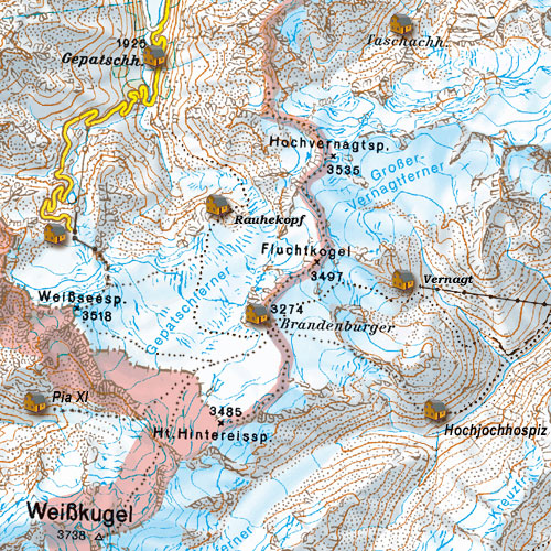 Место расположения альпийской хижины Бранденбургер в Эцтальских Альпах