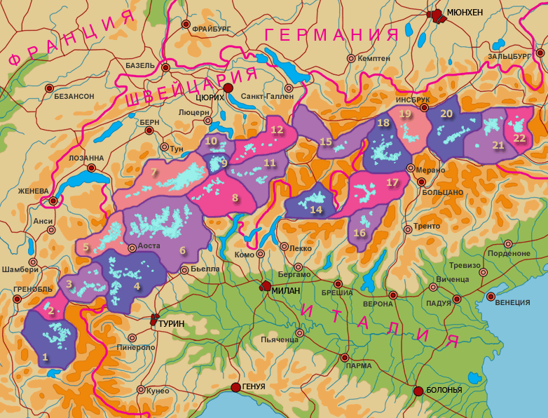 Высокогорные районы Альп на физической карте Европы