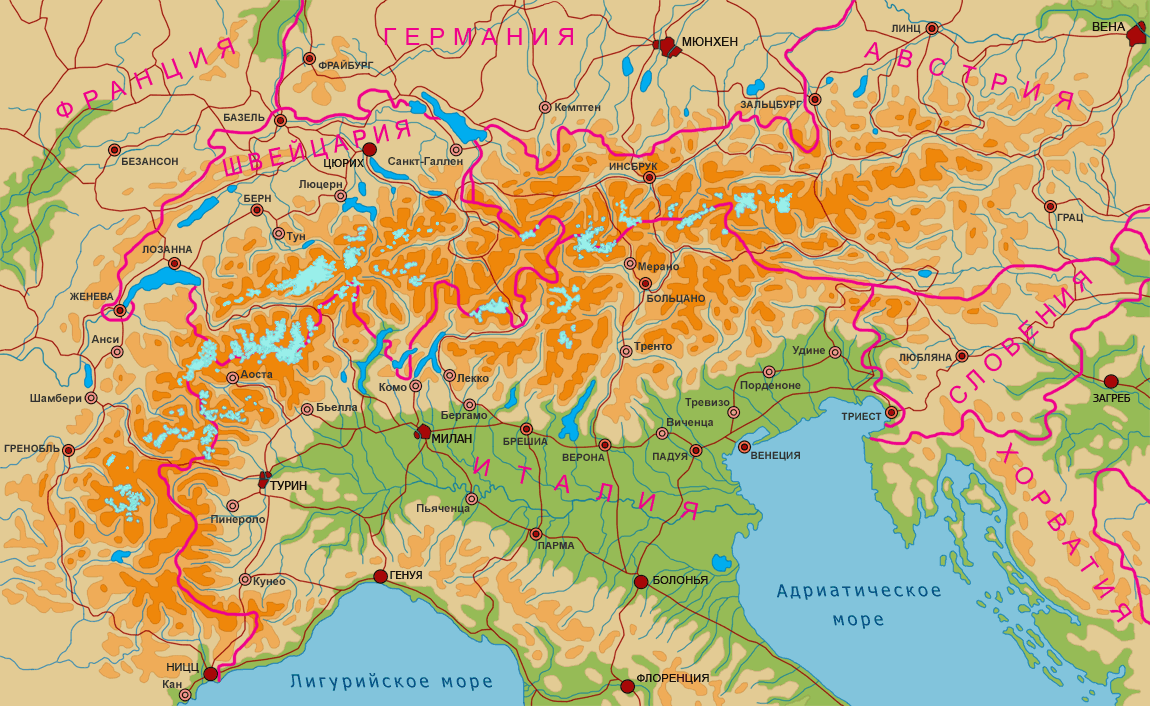 Обзорная физическая карта Альп